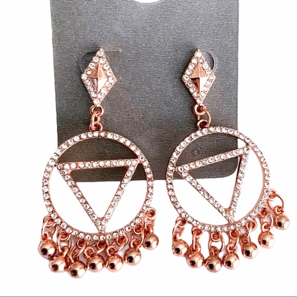🆕 14k GP Rose Gold Crystal CZ Geometric Beaded Fringe Hoop Drop Earrings NWT - Picture 2 of 5